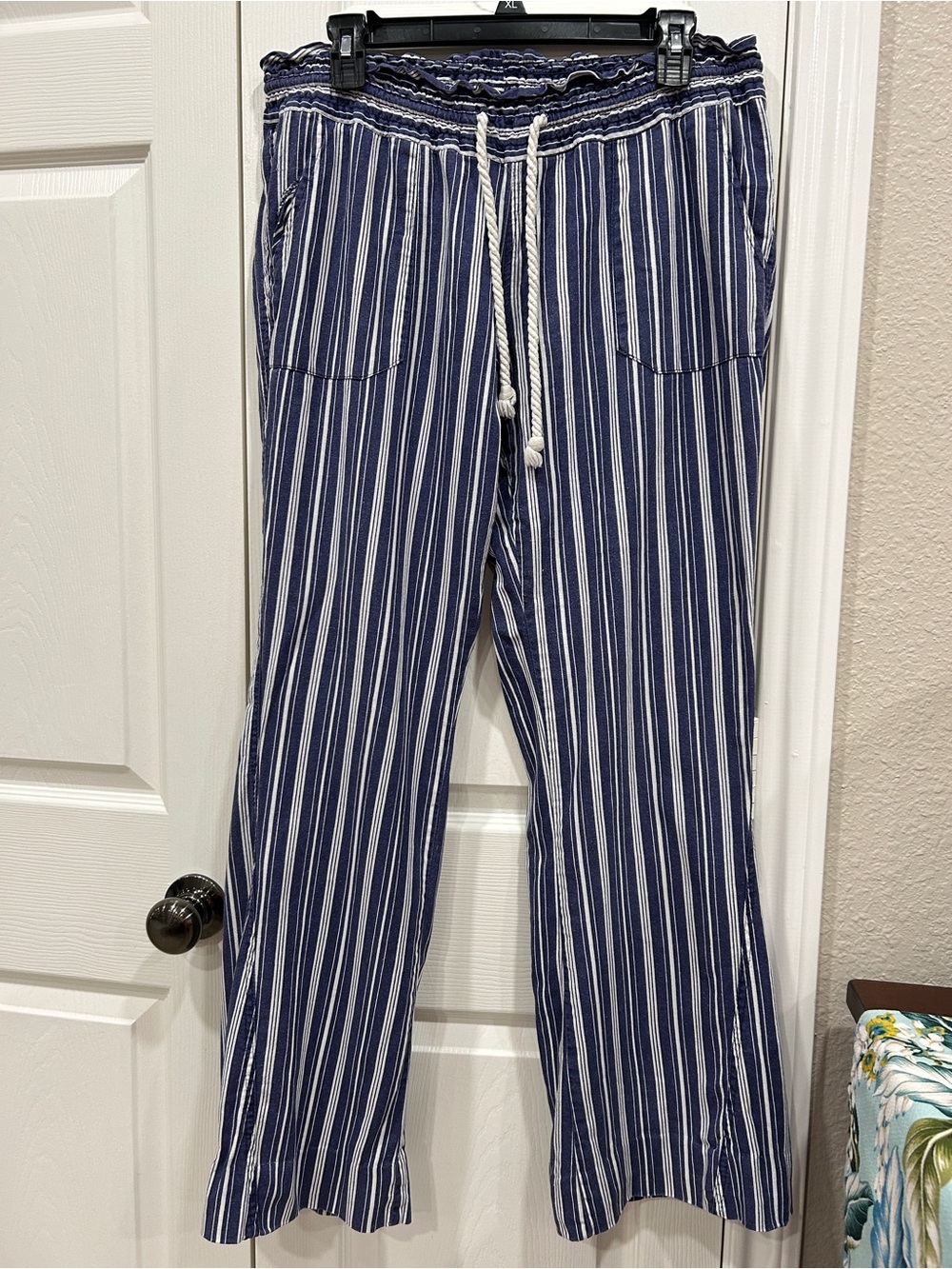 Roxy Navy & White Striped Wide-Leg Drawstring Pants